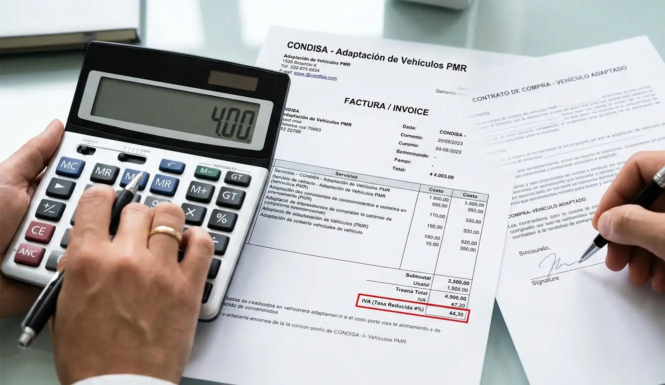 Primer plano de una calculadora y factura oficial de Condisa donde se detalla el IVA reducido del 4 por ciento para un vehículo adaptado