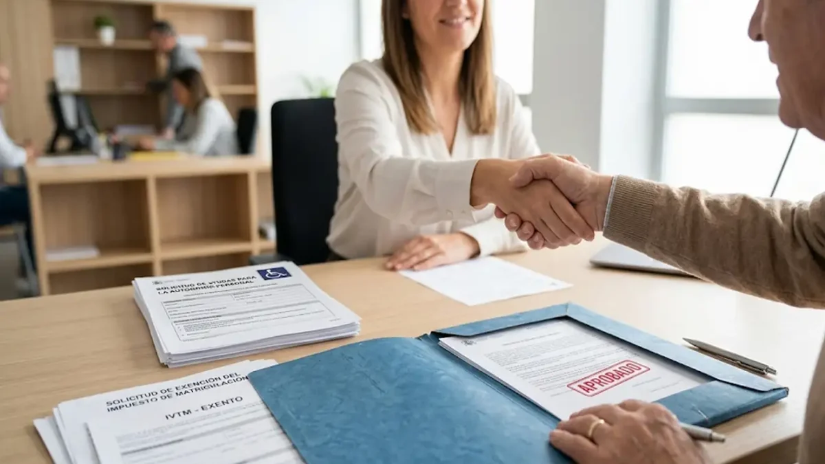 Primer plano de un apretón de manos profesional sobre una mesa de Condisa donde se ve un formulario oficial de solicitud de ayudas para la autonomía personal de vehículos PMR